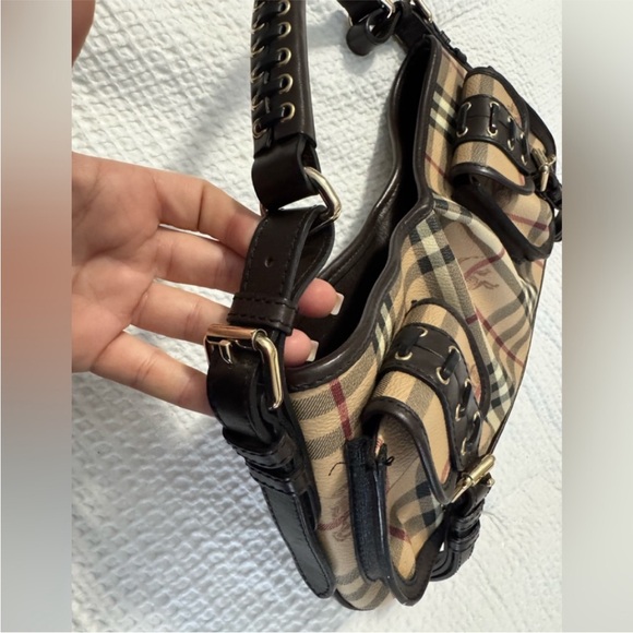 Burberry Haymarket Plaid Check Canvas Leather Gold Buckles Mini Bag - Picture 8 of 9